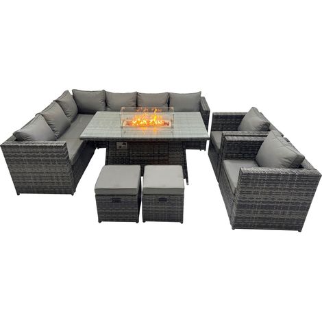 Fimous Rattan Garden Furniture Dining Set 10-seater Gas Firepit Dining Table Corner Sofa Set with 2 Small Stool Dark Grey Mixed (1/5)