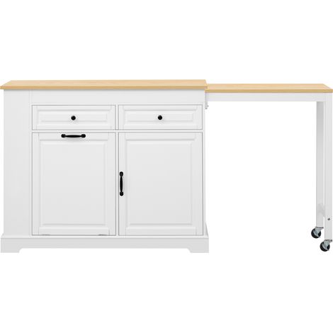 Îlot de cuisine sur roulettes avec plan extensible, îlot de cuisine extensible 112 à 180 cm, rangement et coin repas blanc (1/5)
