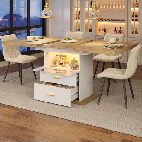 Mesa de comedor extensible 110-140x80x75 cm blanca en MDF con iluminación LED y almacenaje (1/5)