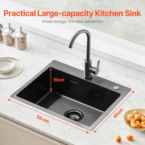 Évier de cuisine 55 cm, évier à montage par le haut en acier inox 304, évier à poser à encastrer cuve simple avec accessoires, évie… (1/5)