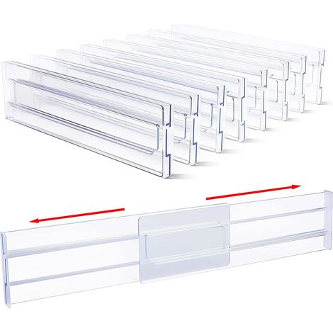Divisori per cassetti in plastica, organizer trasparenti regolabili per cassetti, per riporre cassettiere in cucina e camera da letto, confezione da 8 (1/5)