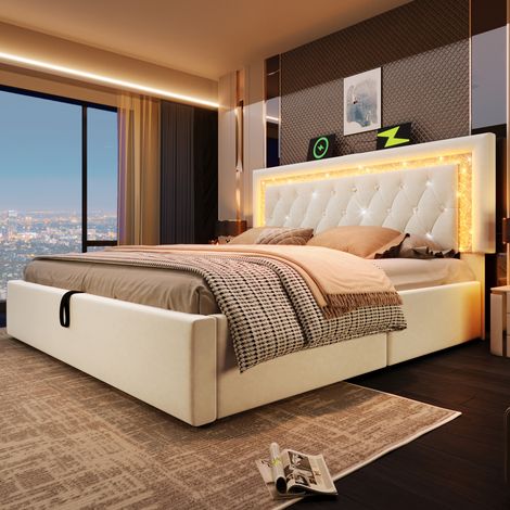 Letto contenitore 180x200 in velluto con LED, porte USB e USB-C, testiera regolabile, beige HAVRYA (1/5)