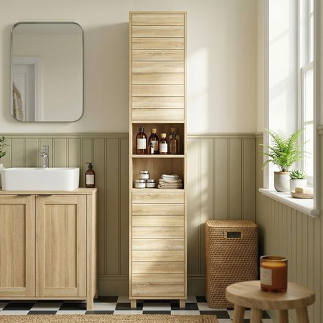 Armario Alto para Baño con Estantes Ajustables Puertas de Lamas Apertura por Presión 34x23x170 cm Natural (1/5)