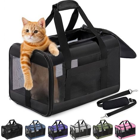 1 - Sac De Transport Pour Chat - Sac De Voyage Pour Chien - Pliable Avec Laisse Intérieure Et Fermetures Éclair - Pour Animaux Jusqu&39à 7,5 Kg - Noir - 43x28x28 Cm