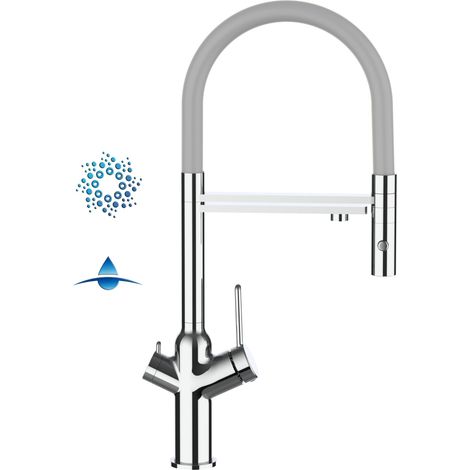 Rubinetto 4 vie miscelatore cucina cromato con canale separato per acqua filtrata, canna grigia movibile e doccia due getti staccabile - serie BOD