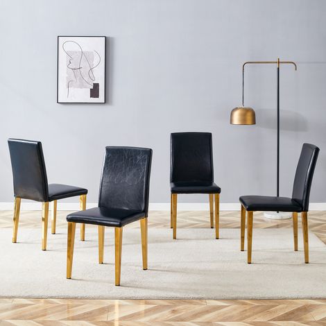 Lot de 4 chaises à manger luxe européen noir et or. Cuir PU noir,pieds métalliques dorés,style moderne pour salle à manger. (1/5)