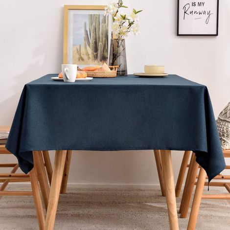 Nappe bleu foncé 145x300 cm, anti-taches, aspect lin