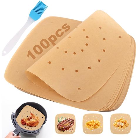 Papier Cuisson Air Fryer, 100 Pièces 23  23cm, Perforé Papier Cuisson et Sans BPA Moule Air Fryer, Air Fryer Papier Cuisson pour les Friteuses, les Micro-Ondes et les Cuiseurs à Vapeur (1/5)
