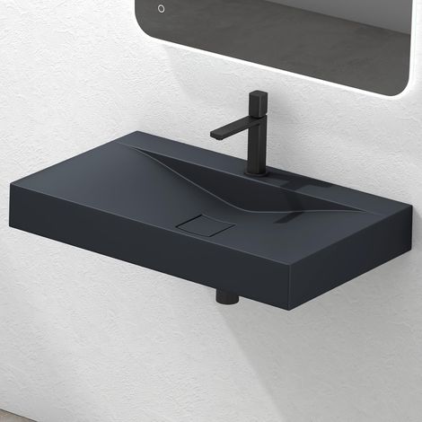 Mai & Mai Lavabo Suspendu Gris Noir Mat 80x48x10cm Vasque à Poser Rectangulaire avec Perçage pour Robinet et Cache Bonde Col810-800