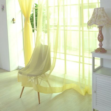 Rideaux transparents à deux panneaux pour le salon – bande plissée, ourlet lesté, tissu 100 % polyester, jaune doré, 100 x 270 cm