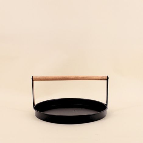 Plateau rond en métal noir et bois 29cm (1/5)