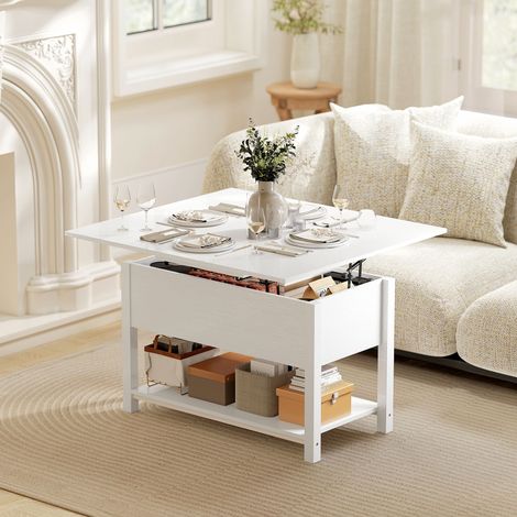 Table basse relevable et extensible table de salon avec compartiment caché étagère ouverte 100x45x50,5cm blanc (1/5)