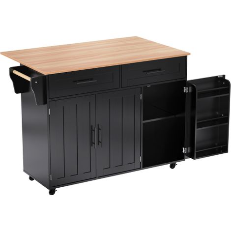 Desserte cuisine îlot noir, plateau rabattable, roulettes, 129x71x91,5 cm (1/5)