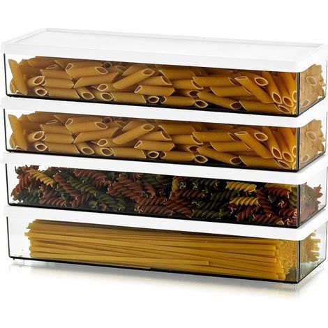 Contenitori per la conservazione della pasta per la dispensa, contenitore grande per spaghetti, tagliatelle e lasagne, set di 4 contenitori rettangolari trasparenti grigi con ve (1/5)