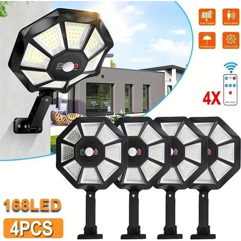 Set aus 4 Solar-Straßenlaternen für den Außenbereich mit Bewegungsmelder und Fernbedienung, 168 LEDs, Solar-Gartenleuchten mit 3 Beleuchtungsmodi, IPX4 wasserdicht, 180° verstellbar. (1/4)