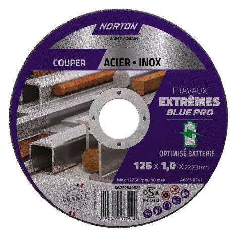 Disque à tronçonner fin pour métal/inox Norton Travaux Extremes 125 x 1 x 22,23 mm - Lot de 5
