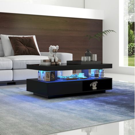 Mesa de centro negra brillante 95 x 50 x 42,5 cm con 4 insertos de vidrio y 2 cajones HAVRYA (1/5)