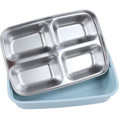 Boîte-repas 4 compartiments en acier inoxydable 304, récipient portable pour école et bureau, bleu