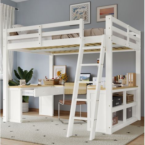 Cama alta infantil 140x200 cm de madera maciza y MDF, blanco+natural, con mesa en U y 2 cajones (1/5)