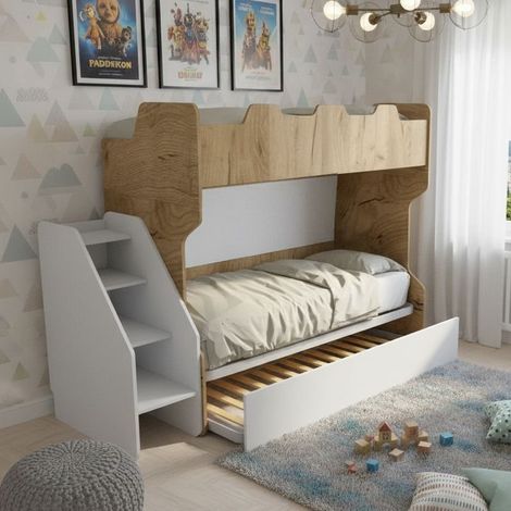 Letto a castello salvaspazio con terzo letto estraibile e scala laterale - Ideale per camerette - Quercia e Bianco