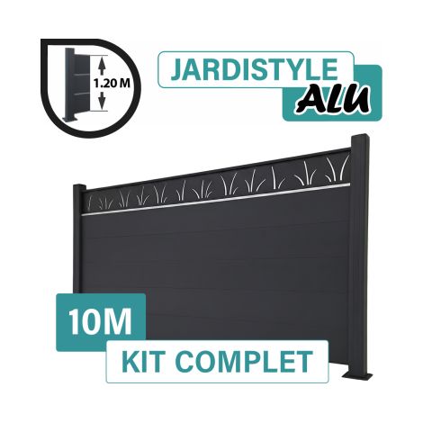 Kit Clôture Aluminium Gris Anthracite 10M - Design Tahiti avec liseré - Sur Platines - 1,20 mètre (1/2)