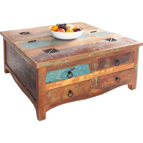 Quadratischer Couchtisch PATCHWOOD 70 cm aus buntem recyceltem Holz mit Schubladen und Truhe