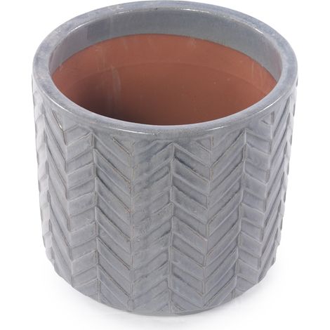 Vaso da fiori in ceramica 38 cm grigio lucido, rilievo a chevron, foro di drenaggio - CHICFURN (1/5)