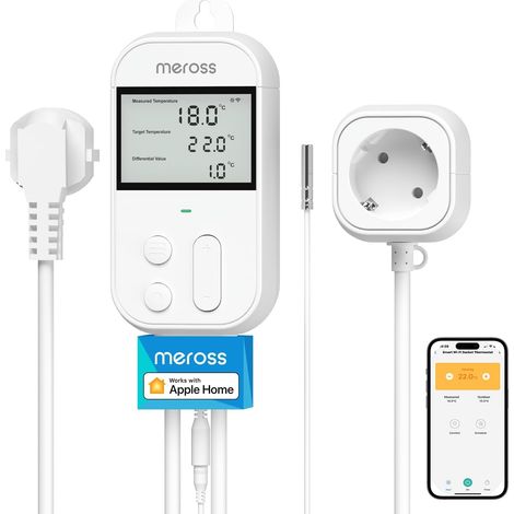 Meross Prise Thermostat Connectée WiFi 16A 3680W - Régulateur de Température pour Chauffage et Refroidissement, Compatible Apple HomeKit/Alexa/Google (1/5)