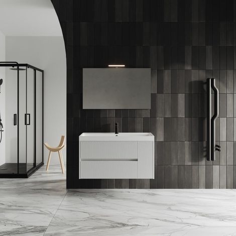 Mobile Salle De Bain Cannettato 100Cm Blanc Mat Miroir 100X60 Cortina