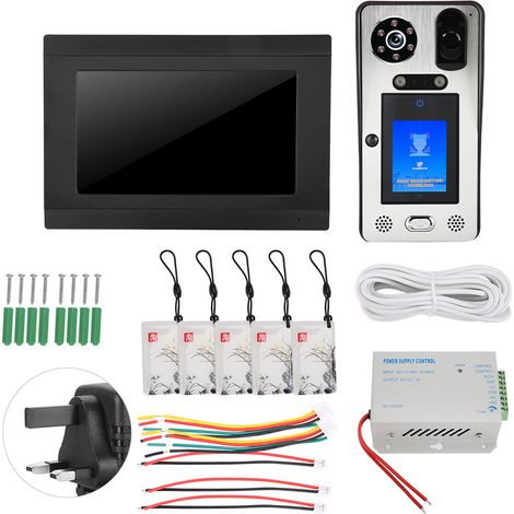 Sonnette vidéo filaire 7 pouces 1080P WiFi avec reconnaissance faciale, empreinte digitale, mot de passe RFID, interphone de porte 100-240V UK (1/5)