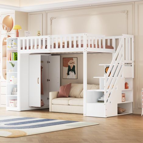 Lit mezzanine multifonctionnel 90x200cm avec étagères, armoire de rangement et grande penderie, échelle de sécurité avec compartiments de rangement, blanc, garantie 2 ans (1/5)
