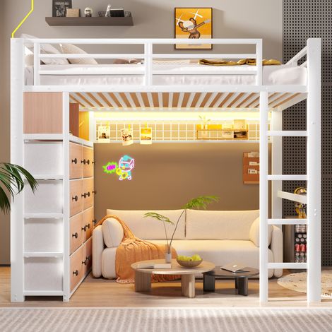 Lit mezzanine 140x200 cm avec 8 tiroirs en tissu, lit surélevé avec LED 7 couleurs, garde-corps, panneau perforé, métal et MDF, blanc (1/5)