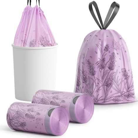 Lot de 100 sacs poubelle épais parfumés à la lavande - Petits sacs poubelle avec cordon de serrage - Portables - Indéchirables et étanches - Pas de déchirure nécessaire - Pour salon, cuisine, bureau (1/4)
