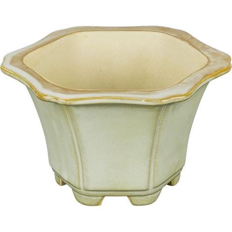 Vaso per bonsai esagonale in gres smaltato bianco avorio 9,5x9,5x7 cm - A14