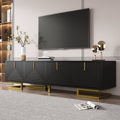 Mobile TV a 4 ante con contenitore, maniglie e piedini dorati, mobile basso per soggiorno e camera da letto, 160×38×44 cm, nero (1/5)