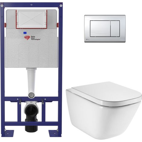 Pack WC bâti-support autoportant + WC suspendu sans bride avec abattant SoftClose + plaque chrome (STROGAWR02-U)