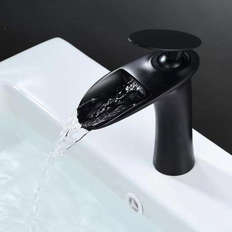 Robinet salle de bain cascade noir – Mitigeur lavabo laiton brossé – Mono-trou – Aérateur jet doux – Parfait pour meuble vasque ou plan de travail