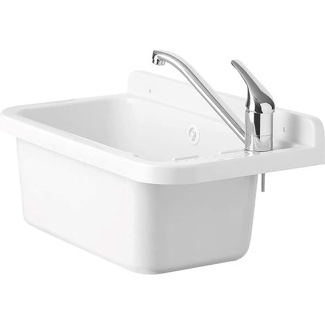 Negrari Lavandino Pilozzo a Muro in Resina, Resistente agli acidi di uso comune, Resistente all'umidità, Kit di scarico incluso, Interno e Esterno, L59 x P34 x H21 cm, Bianco