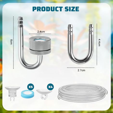Diffuseur de CO2 en Alliage d'Aluminium avec Tube en U et Ventouses pour Aquarium