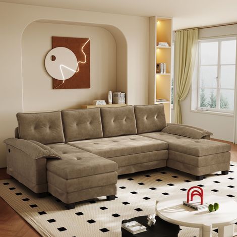 Canapé d’angle modulable convertible 4 places 278 cm - canapé lit en chenille avec USB - 4 coussins inclus - sofa moderne salon chambre - Marron (1/5)