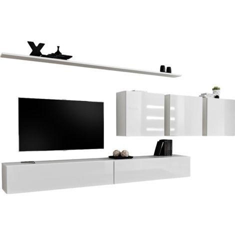 Conjunto de muebles de pared para salón SWITCH VII diseño, color blanco brillante.