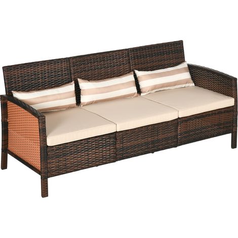 Canapé rotin 3 places avec coussins salon de jardin acier marron 173x68x78 cm