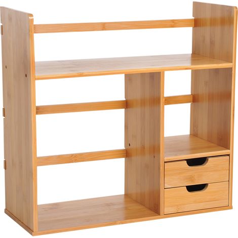 Desk Organiser Compartments Desktop Bookshelf Stationery Storage Shelf Document File Holder  2 Drawers 2-way Reversed Use Bamboo (1/5)