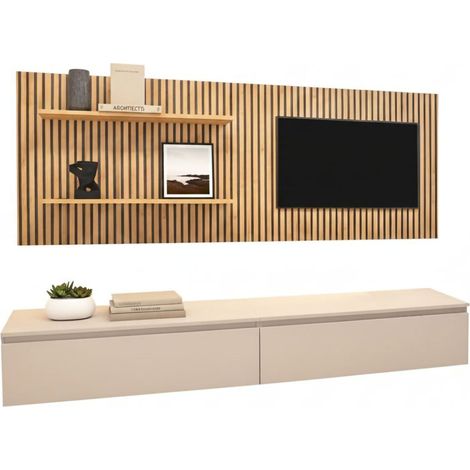 Parete Pollina, Modularer Wohnzimmer-Schrank, Standardöffnung, Made in Italy, Beige