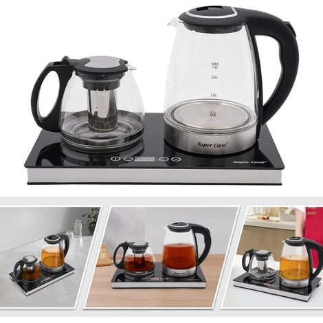Elektrischer Wasserkocher mit zwei Kochzonen, 2-teilig, 1,8 l Fassungsvermögen + 1 l Teekanne, Temperaturregelung und Touch-Bedienfeld, für Büros, Hotels, Zuhause
