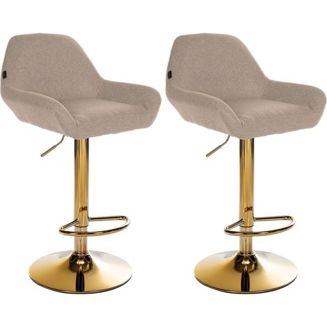 Juego de 2 taburetes de bar con reposapiés en forma de arco en metal dorado, asiento de tela color topo TDB10796