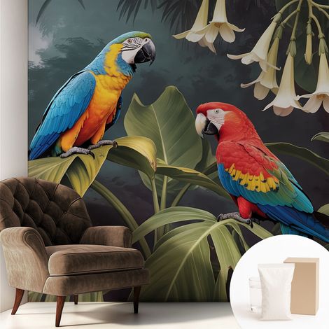 Papier peint intissé mural avec colle pour salon et chambre Décoration murale rapide - Colle incluse gratuite Perruches colorées 250x250 cm (1/5)