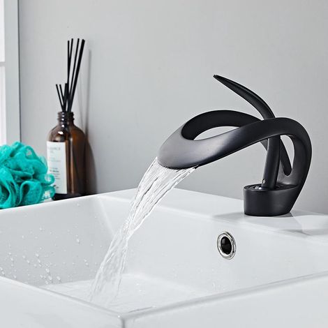 Robinet de salle de bain cascade, robinet mitigeur de salle de bain cascade avec vanne en céramique à poignée unique réglable pour eau chaude et froide (noir) (1/4)