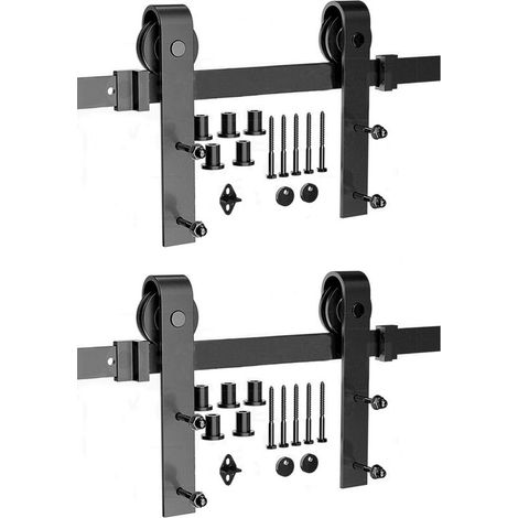 2PCS 6.6FT/200cm Kit de Quincaillerie pour Porte de Grange Coulissante Une Porte Suspendue en Bois, Noir (1/5)