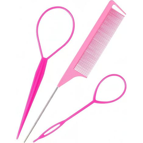 3 pièces pour l’outil topsy pour les poils de queue, outil pour boucle rose avec peigne à queue de rat, outil pour tirer les cheveux, outil pour tresser les cheveux Pink (1/3)